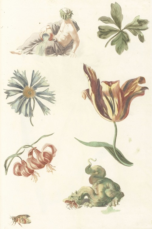 Riviergod, een draak en vier bloemen