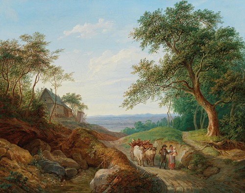 A peasant couple with a timber cart in a vast Danube landscape (1841)