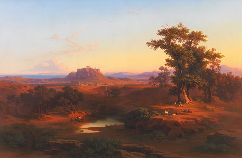Shepherds In A Bucolic Athenean Landscape With The Acropolis And Piraeus Beyond