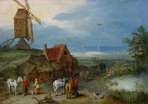 Landscape With A Windmill, Various Figures, Horses, And Animals Near A Farmstead