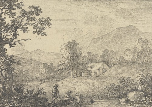 Two Figures by the Side of a Pond and a Church in a Hilly Landscape