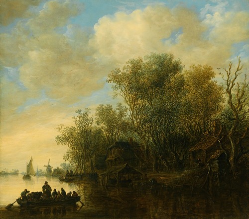 A River Landscape With A Fully-Laden Ferry Boat Approaching A Busy River Bank