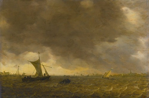 An Estuary Scene With The Onset Of A Squall And Weyschuits Lowering Their Sails