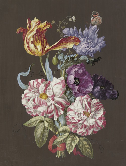 Blumengebinde mit Rosen (Rosa), Tulpen (Tulipa), Mohn (Papaver) und anderen Blumen, mit Admiral (ca. 1770)
