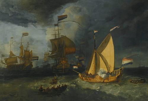 The Dutch Fleet At Sea, With A States Yacht Firing A Salute