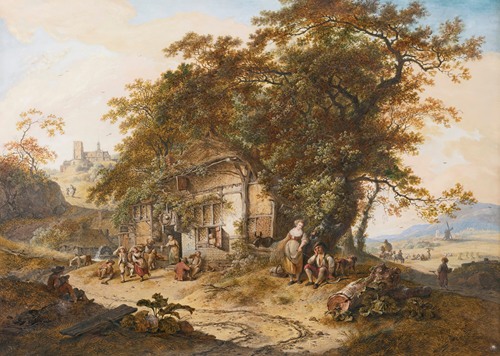 Extensive Landscape With Peasants Resting Before A Tavern, Others Harvesting In The Distance, And A Church On A Hill Behind