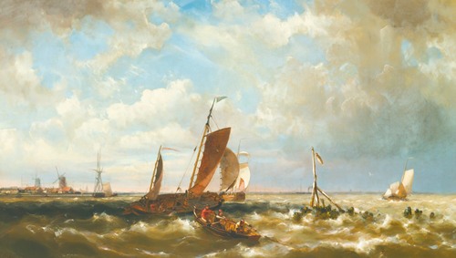 Shipping In An Estuary, With Windmills In The Background