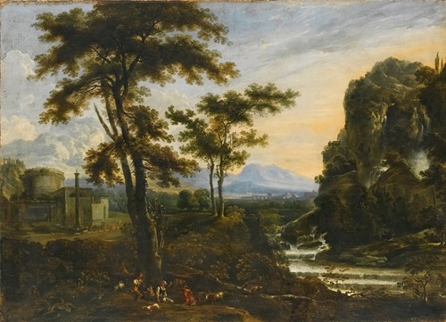 An Extensive River Landscape With Herders Resting In The Foreground, A Fortification To The Left