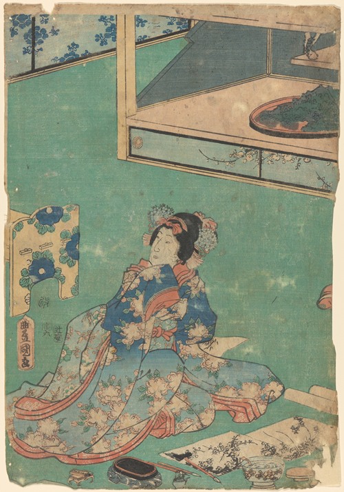 Woman in kimono of blue shaded as a background for elaborate embroidery of pink peonies