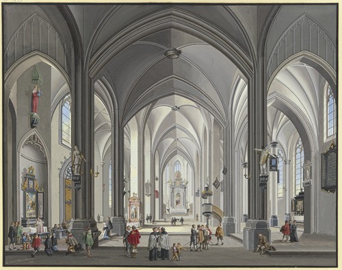 Blick in das Innere einer gotischen Hallenkirche mit vielen Staffagefiguren in der Tracht des 17. Jahrhunderts, links liest ein Priester die Messe, 1790