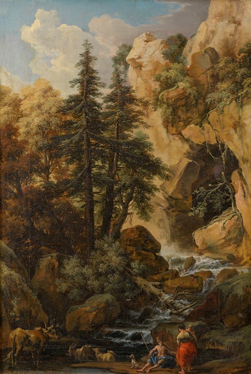 Waldlandschaft mit Felsenhöhle, Wildbach und Staffage