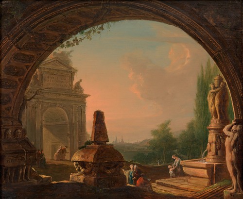 Phantastische Morgenlandschaft mit Staffage, durch einen Torbogen gesehen
