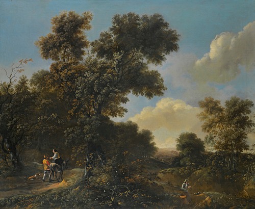 A wooded landscape with travellers on a sandy path