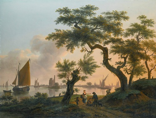 Landscape with an estuary, with shipping on the water and figures on the path in the foreground
