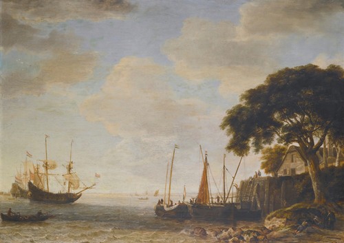 Coastal Landscape, A Dutch Kaag Tied Up To A Quay, A Man Of War Weighing Anchor Beyond