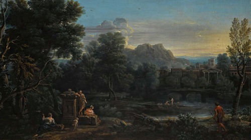 A wooded classical landscape with figures resting in the foreground and bathing in the river, a town beyond