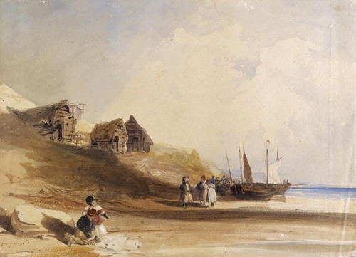 French coastal scene wtih figures, boats and fishing shacks (1828)