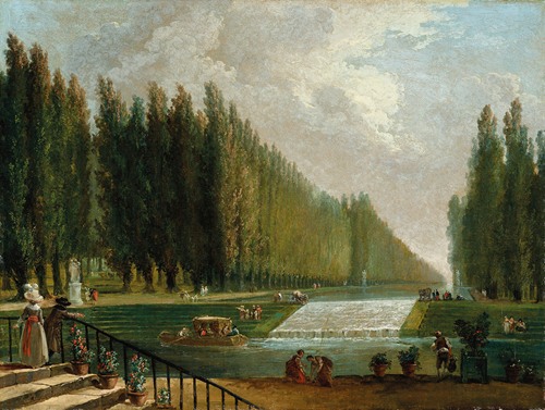 The park of a country villa with figures promenading near a cascade of water