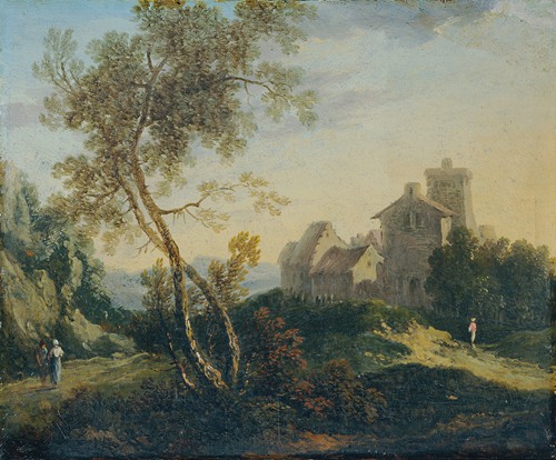 Ideale Landschaft mit Bäumen und befestigtem Dorf (Der Abend)