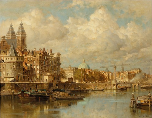 A view of the Prins Hendrikkade with the St Nicolaas Church, he Schreierstoren and the Lutherian church, Amsterdam