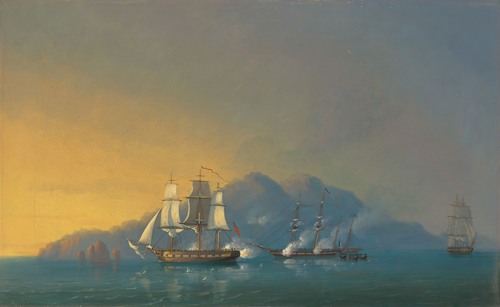 The 18-gun sloop HMS Stork engaging the French brig Cygne and two armed schooners anchored off the Pearl Rock, Martinique, on 12 December 1808