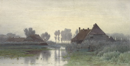 Boerenwoningen aan het water bij ochtendnevel