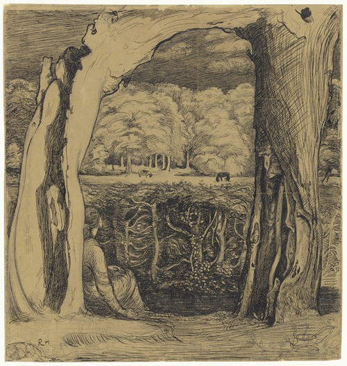 Landschap met een vrouw zittend tussen twee wilgen