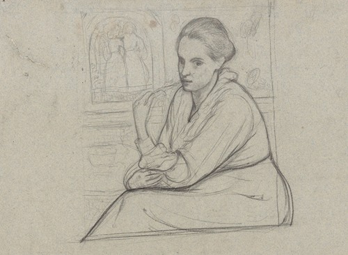 Portret van Henriëtte Roland Holst-van der Schalk, zittend bij een voorstelling met twee meisjes