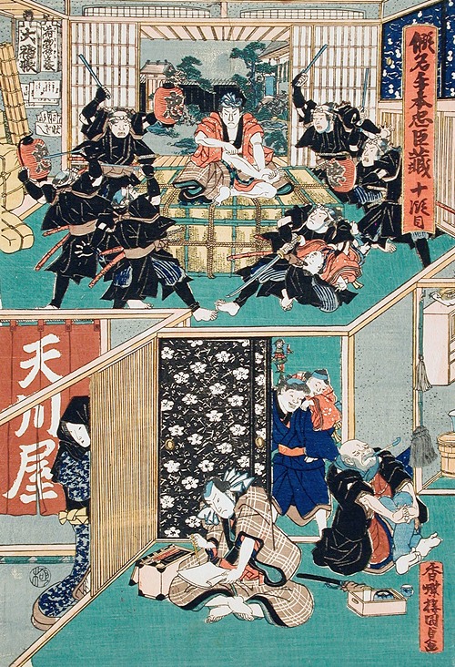 Act X; Gihei, Proving His Loyalty, Defies the Rōnin to Move Him; Gihei Writing a Letter of Divorce before His Father-in-Law