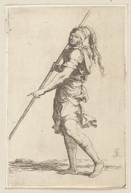 Soldier Holding a Cane with Both Hands, Walking Toward the Left