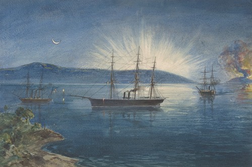 The Bay of Bull Arms, Trinity Bay, Newfoundland, Bonfires Lighted on the Hills to Notify of the Arrival of the Cable Fleet on August 5th, 1858