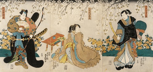 Actors in the Roles of Shimada Shigesaburō, Kugyō ama jitsuwa Takao and Sakingo Yorikane under Cherry Blossoms