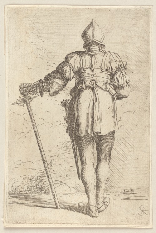 Soldier, Standing, Seen From Behind, in a Helmet, Holding a Cane