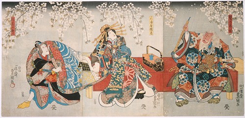 Ichikawa Kodanji IV as Hige no Ikyū, Bandō Shūka I as Miuraya Agemaki, and Ichikawa Danjūrō VIII as Agemaki no Sukeroku in the play Sukeroku kuruwa no hanamidoki