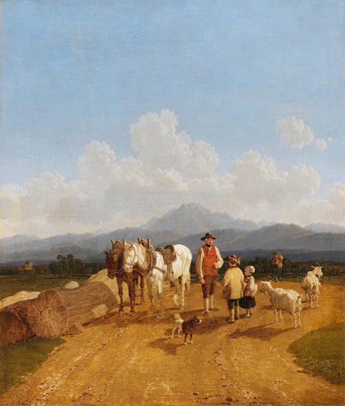 Bauer und Hirtenkinder in oberbayerischer Voralpenlandschaft