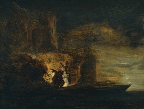 Figures Around A Fire On A River Bank Beneath A City Fortification At Night