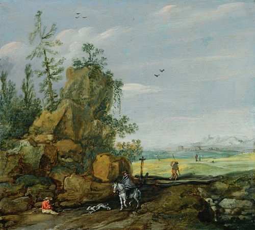 A Rocky Landscape With Travellers And A Horseman On A Path, A View Of A Town In The Distance