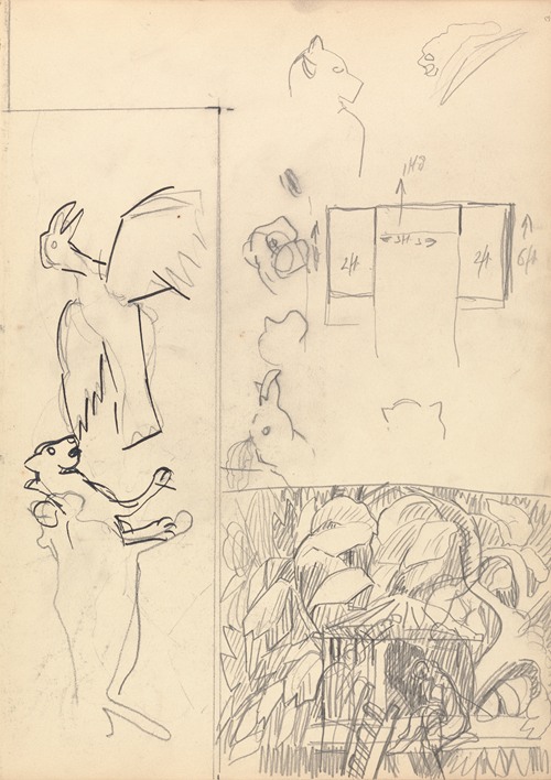 Cave of the Golden Calf; Studies of Tree Houses, Animals and Floor Plan