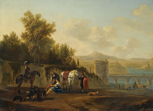 An Extensive Italianate River Landscape With Travellers Resting On A Path