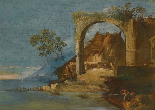 A Capriccio Fluvial Landscape With Figures In A Boat In The Foreground