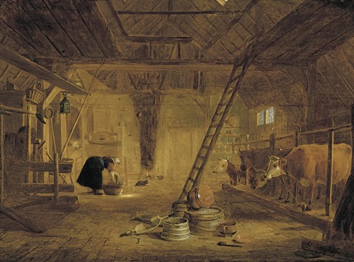 A Barn Interior With Four Cows, A Milk Maid Cleaning A Pot, And Earthenware Pots In The Foreground