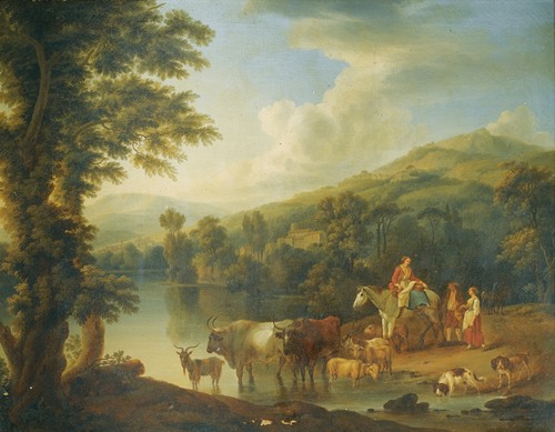 A Wooded River Landscape With A Woman On A Grey Horse With Animals Watering