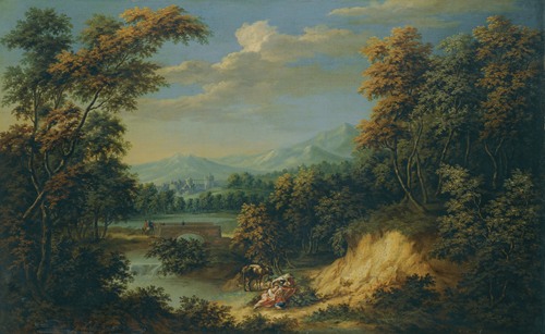 An Extensive Wooded River Landscape With Figures Resting In The Foreground, Travellers Approaching A Walled City Beyond (1720)