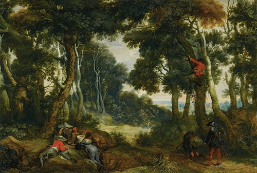 A Wooded Landscape With Brigands Playing Dice, Another Brigand Up In A Tree, On The Lookout