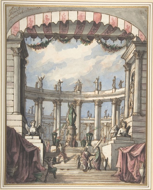 Design for a Stage Set; A Classical Courtyard and Colonnade with a Statue of Minerva (1780-90)