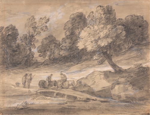 Wooded Landscape with Figures on Horseback Crossing a Bridge