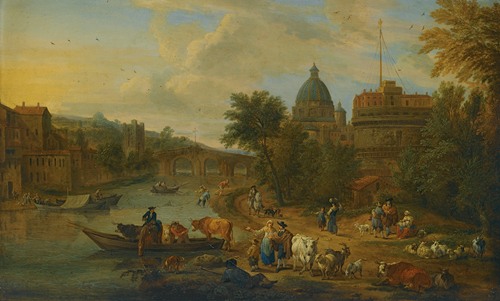 Rome, A Capriccio View Of The Tiber With The Castel Sant’angelo, Peasants With Their Cattle On The River Banks