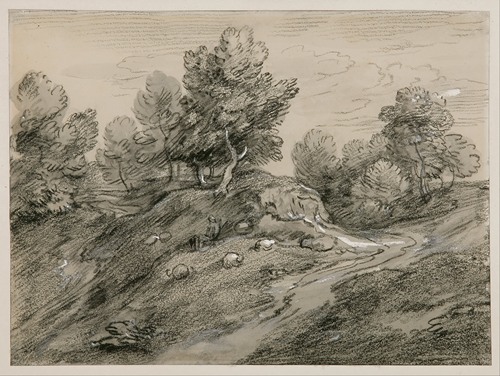 Wooded upland landscape with shepherd and sheep and country track winding around a knoll