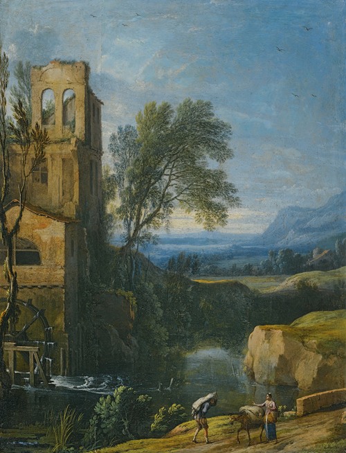 A River Landscape With A Watermill To The Left And Figures With A Donkey In The Foreground