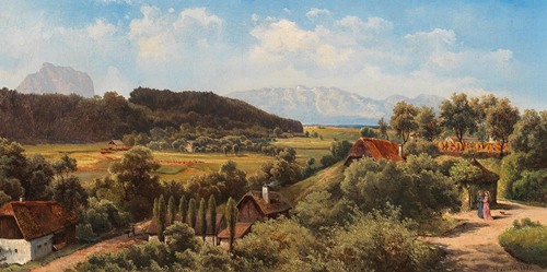 Ansicht vom Schloß Wimsbach gegen das Höllengebirge und dem Traunstein